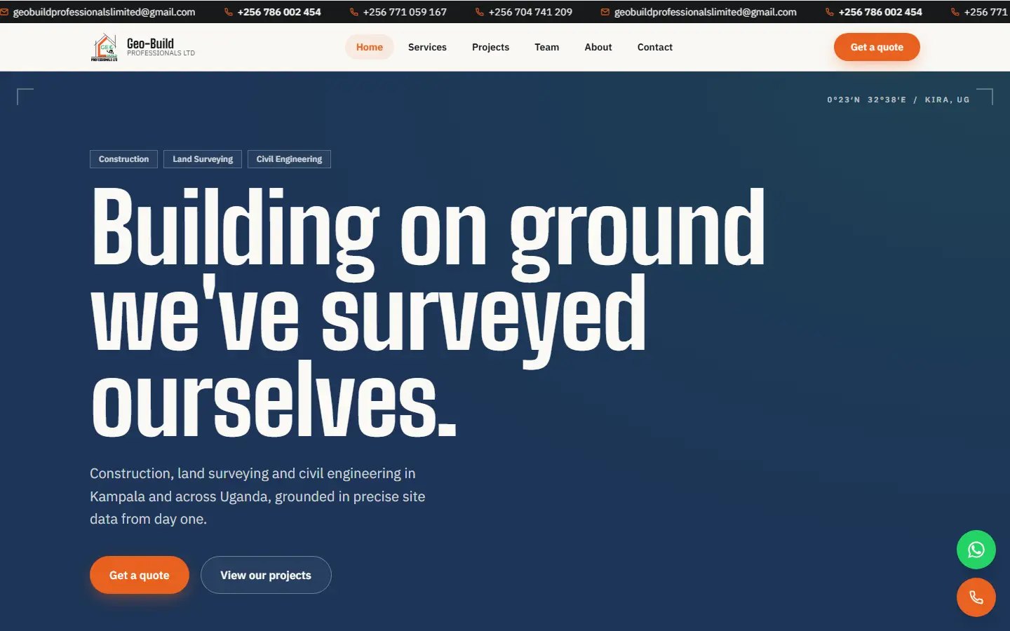 The Geo-Build Professionals homepage: a navy hero with the headline 'Building on ground we've surveyed ourselves.', the coordinates of Kira, Uganda, and orange 'Get a quote' buttons.