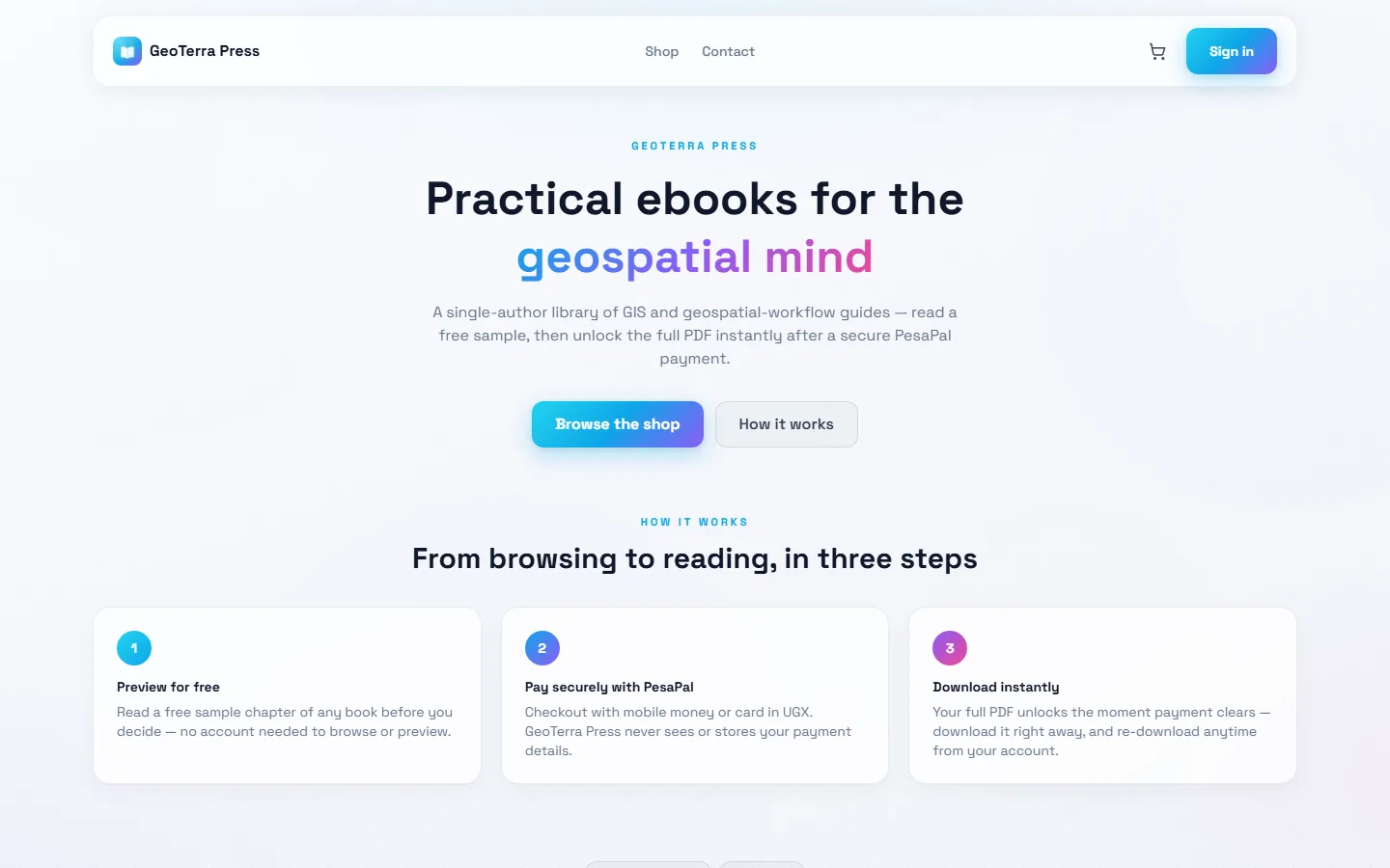 The GeoTerra Press homepage: a headline reading 'Practical ebooks for the geospatial mind' above three cards explaining preview, PesaPal payment and instant download.