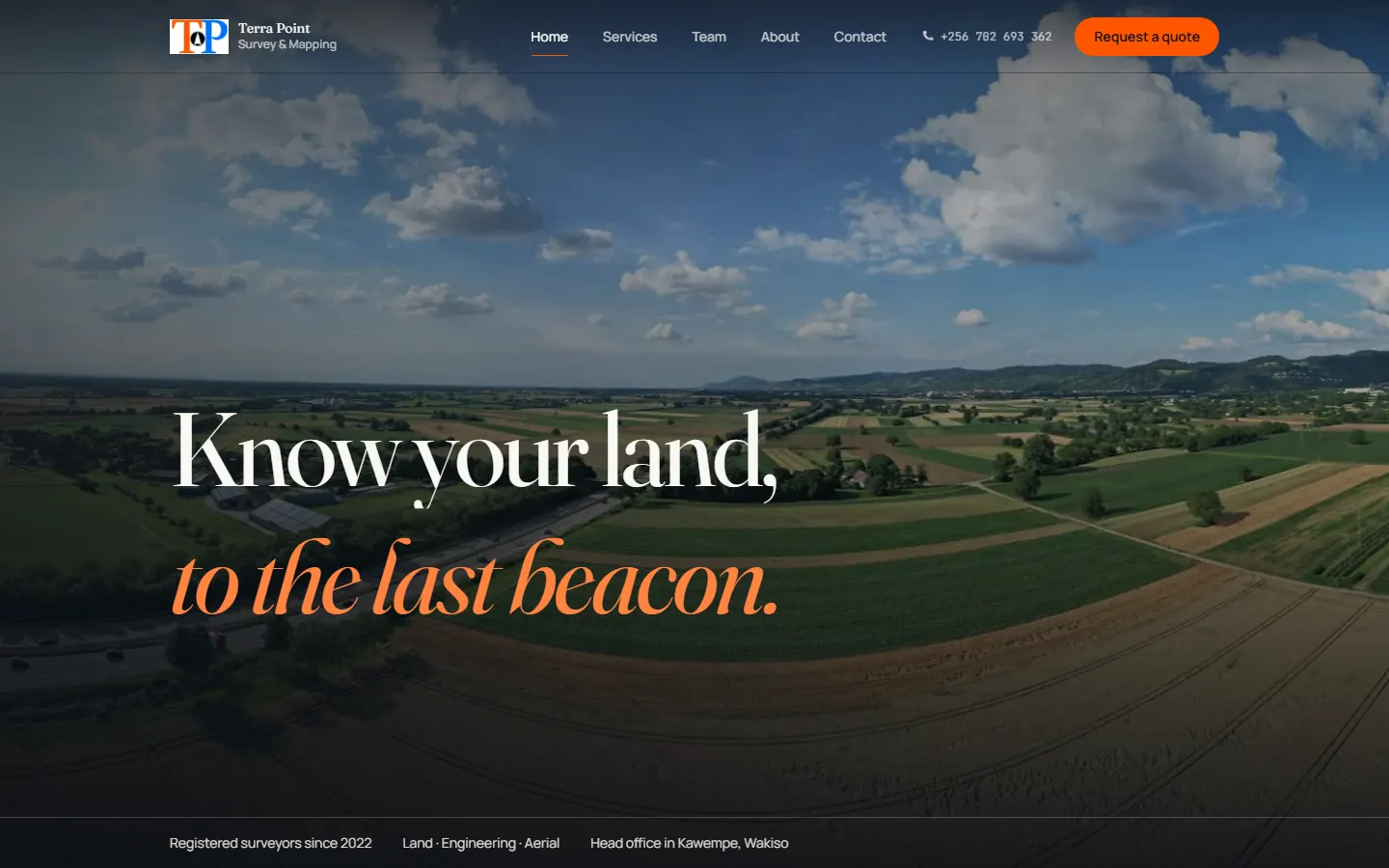 The Terra Point Surveys homepage: the serif headline 'Know your land, to the last beacon.' over an aerial photo of farmland, with an orange 'Request a quote' button.