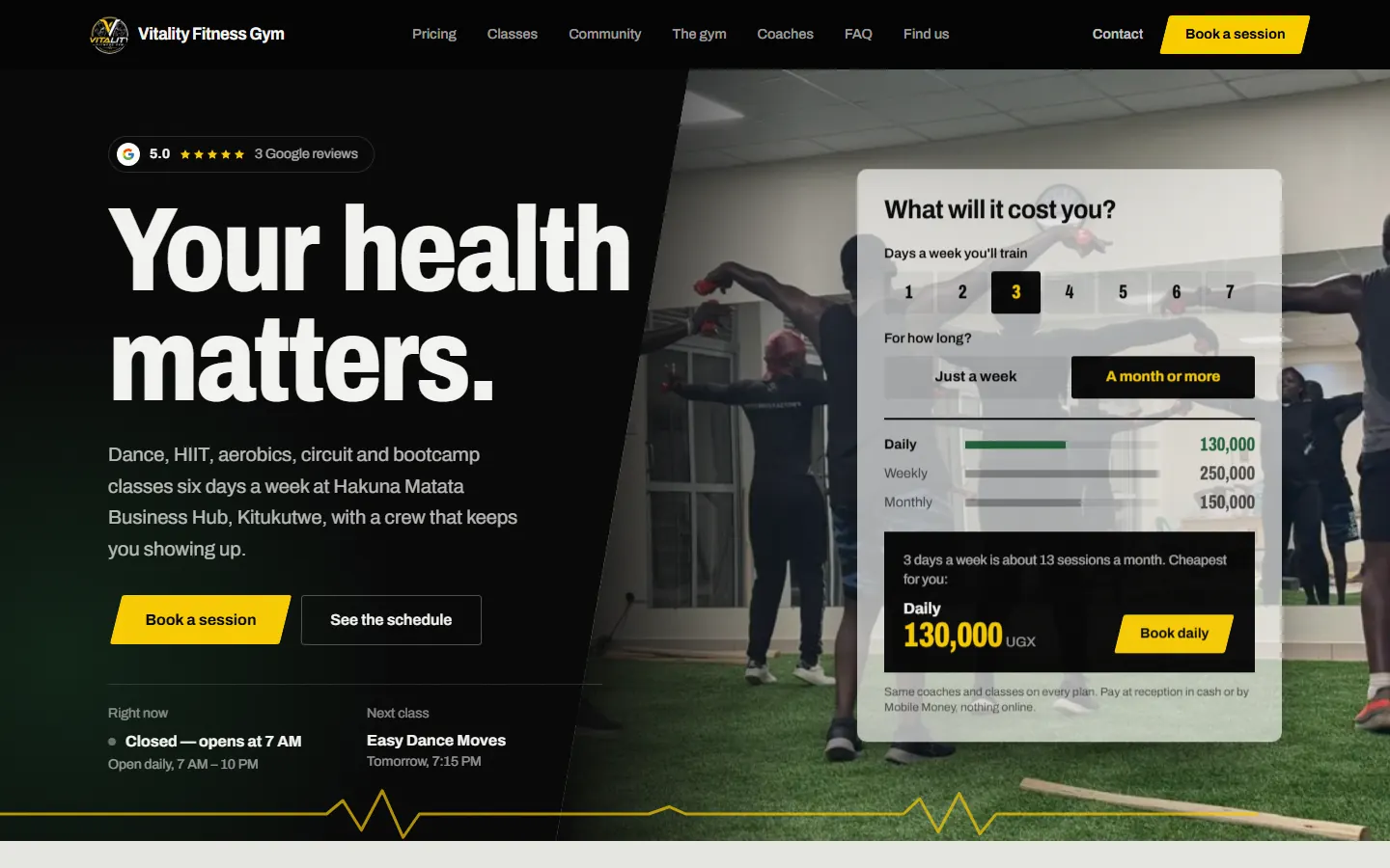 The Vitality Fitness Gym homepage: the headline 'Your health matters.' beside a photo of a class on the turf floor, with a 'What will it cost you?' plan calculator and a 5.0 Google rating pill.